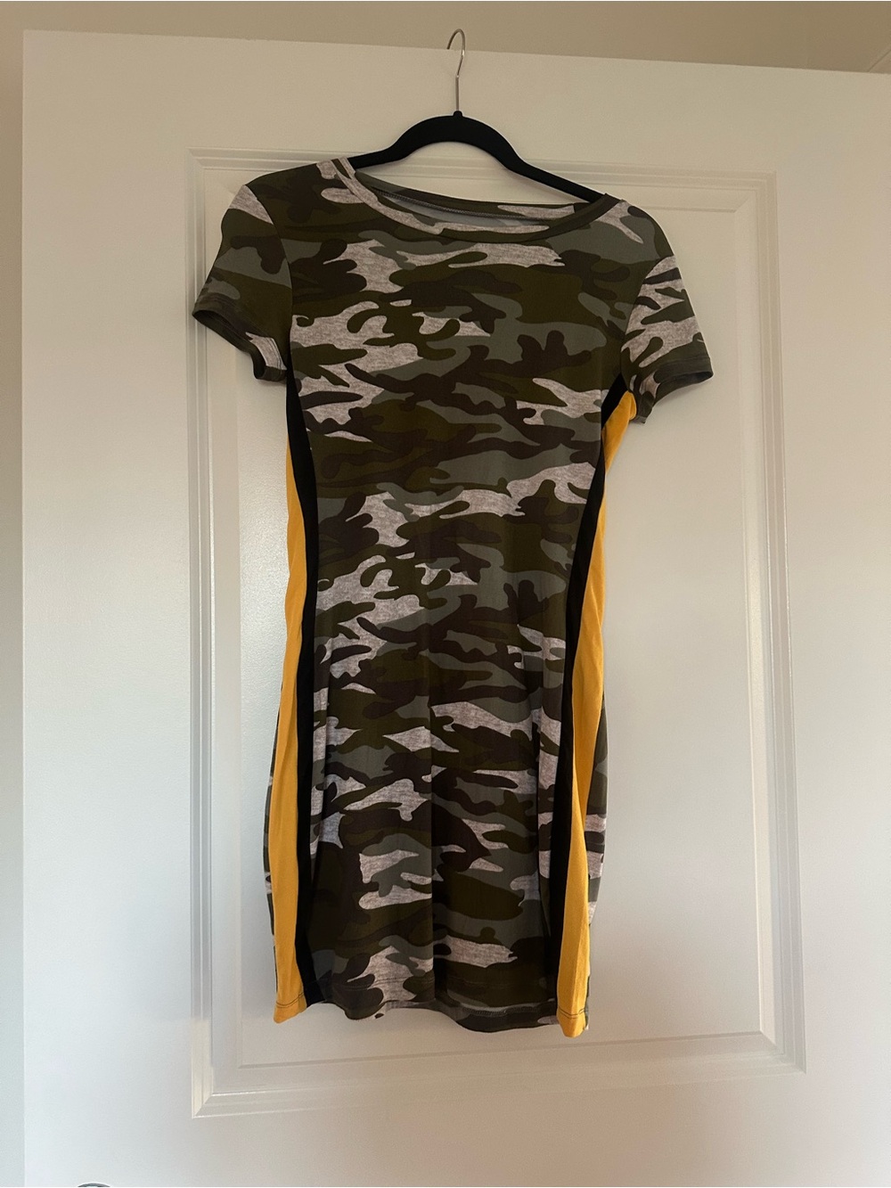 Camo Print Short Sleeve Bodycon Dress with Mustard Side Panels